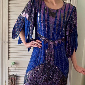 purple glitter fringe dress Dramatic Diva Asymmetric Purple Sequin Fringe Drag Dress