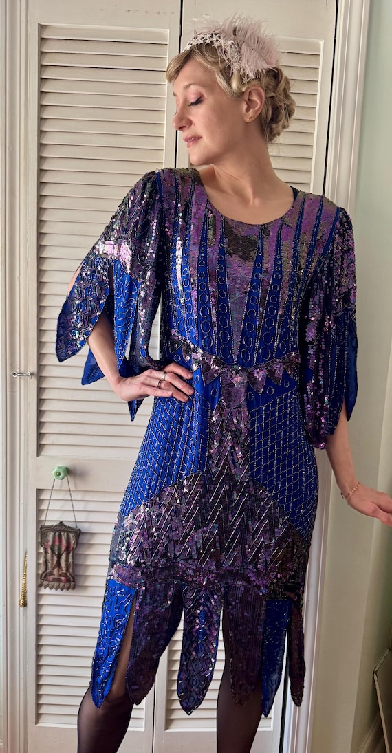 blue sequin fringe dress 1970’s does 20’s Art Deco Silk Cobalt with shaped cutout BIN-060120-SECTION E2 Amoris T714W Long Bridal Quantity:Individual Item