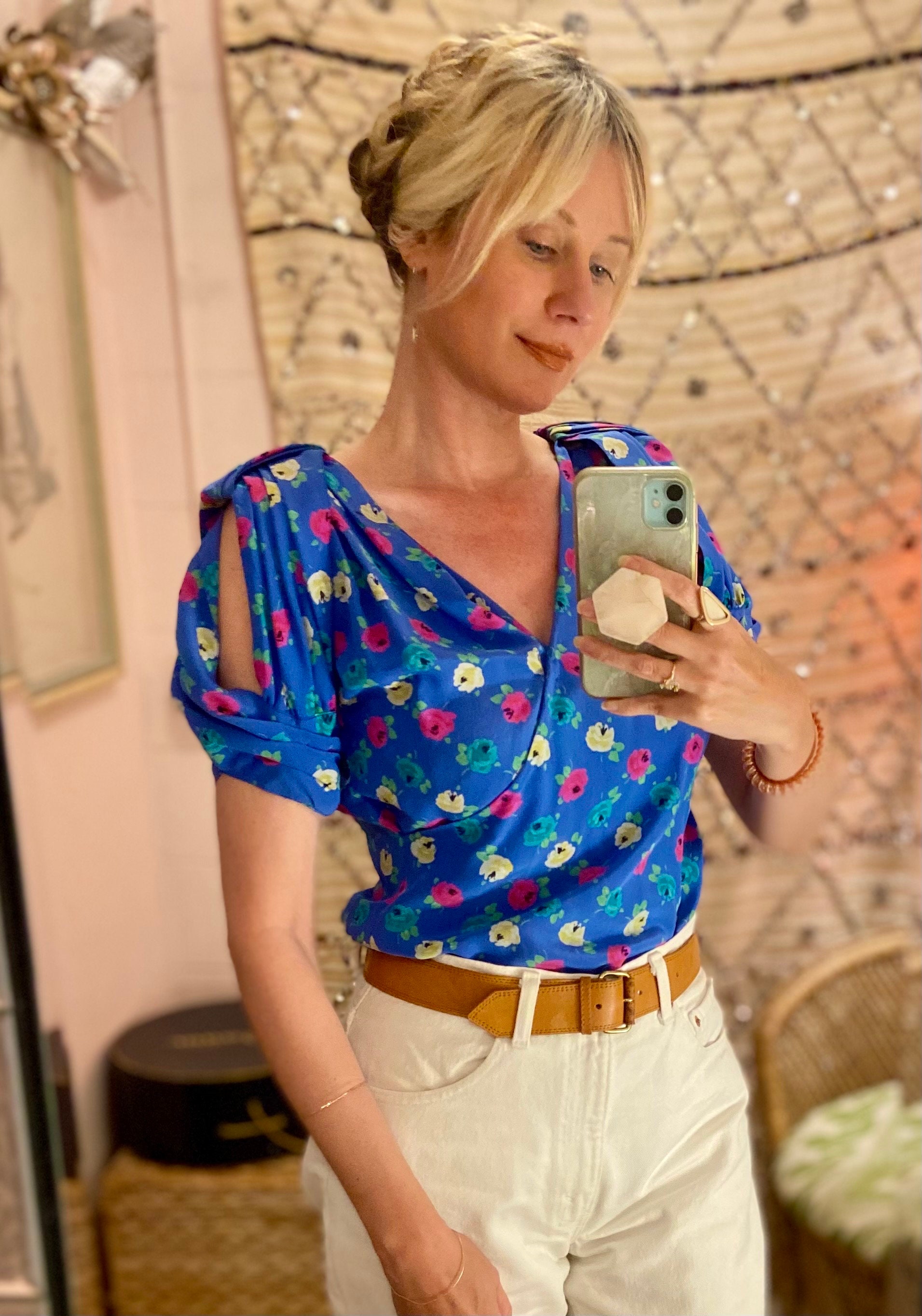 Krizia Blue Silk Floral Print Blouse with Open Sleeves