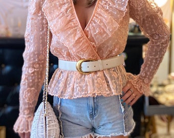 1970s Peach Deep V Neck Ruffle Blouse with Puff Sleeves, Floral Embroidery + Peplum