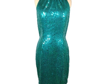 1980s Green Sequin Halter Dress