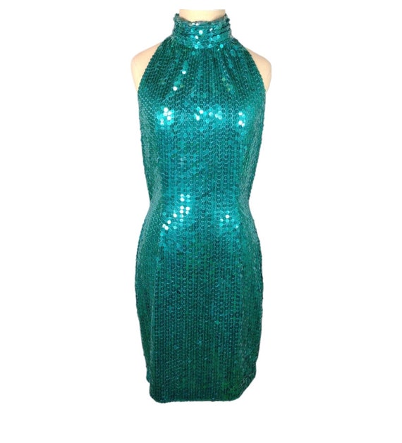 1980s Green Sequin Halter Dress