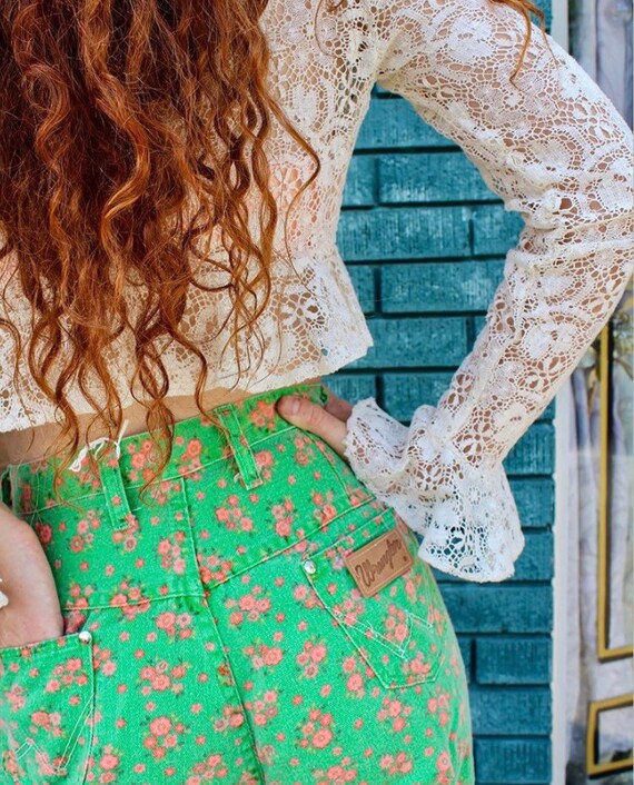 1970s Wrangler Green Floral Denim Shorts