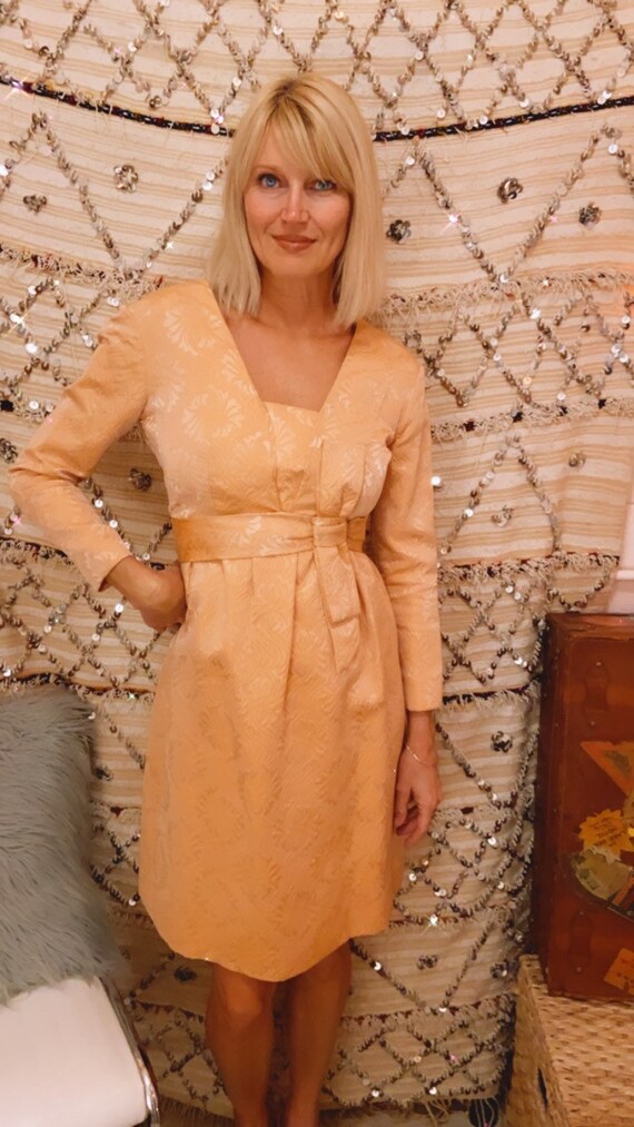 1960s Pink Silk Brocade Dress with Bow Belt