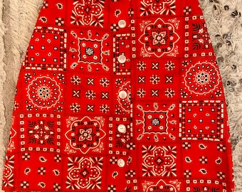 1960s Red Cotton Bandana Print Button Front Skirt with Built-In Belt