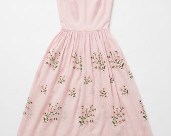 1950s Pale Pink Cotton Dress with Floral Embroidery