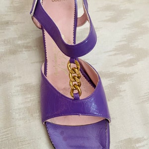 1960s Purple Peep Toe Wedges with Gold Chains + Piping from The Marvelous Mrs Maisel