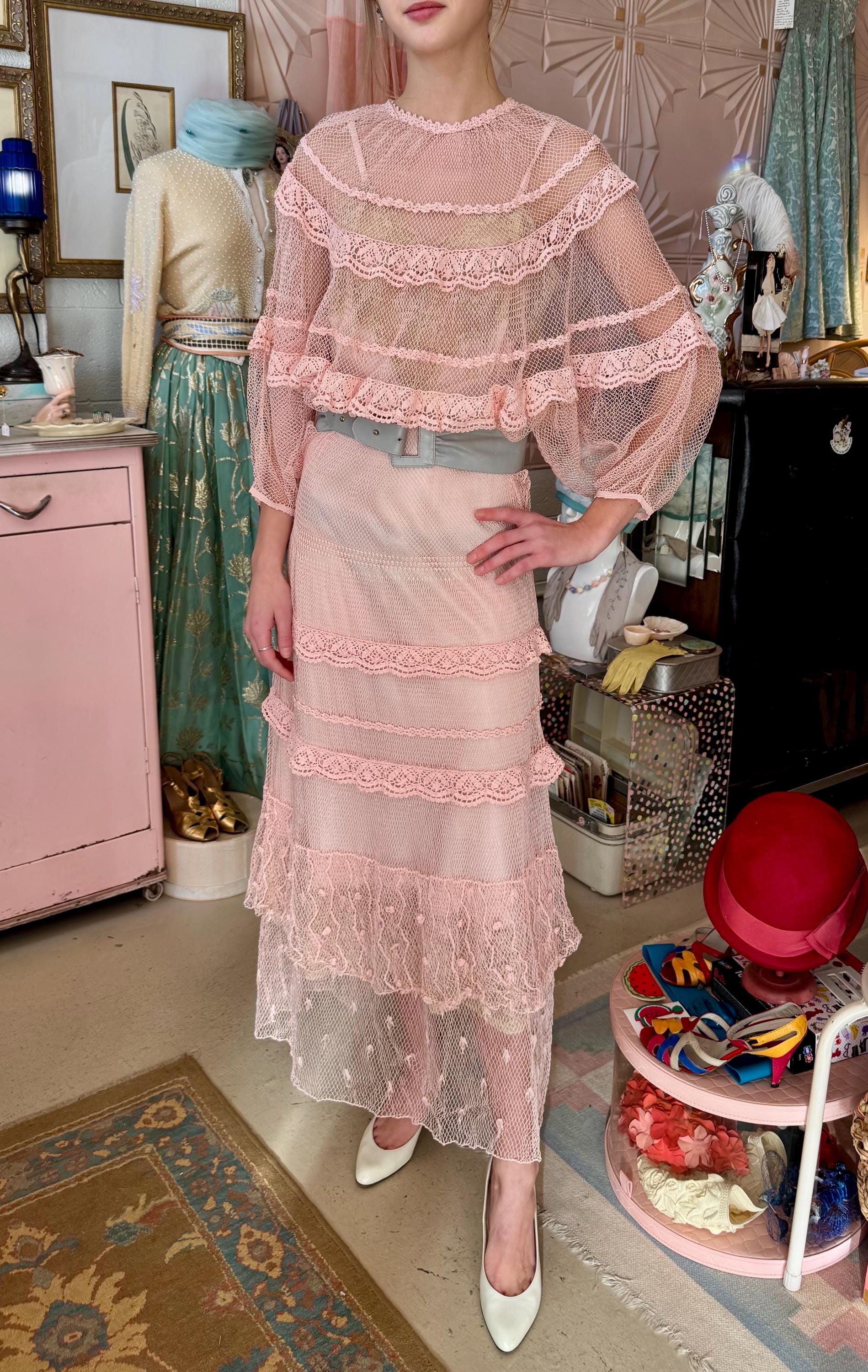 Insane 70s Floral Cotton Crochet Trim Smock Maxi Dress