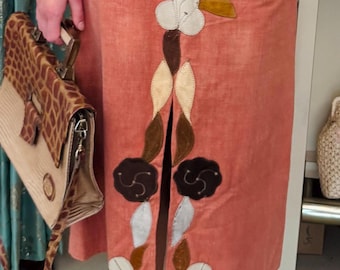 1970s Burnt Orange Cotton Pencil Skirt with Front Slit and Leather Appliqués Detail