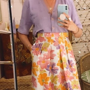 1960s High Waist Cotton Floral Print Pleated Midi Skirt with Pockets
