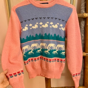 1980er Jahre Wolle Rosa + Blauer Neuheit Pullover