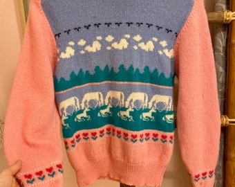 1980s Wool Pink + Blue Novelty Sweater