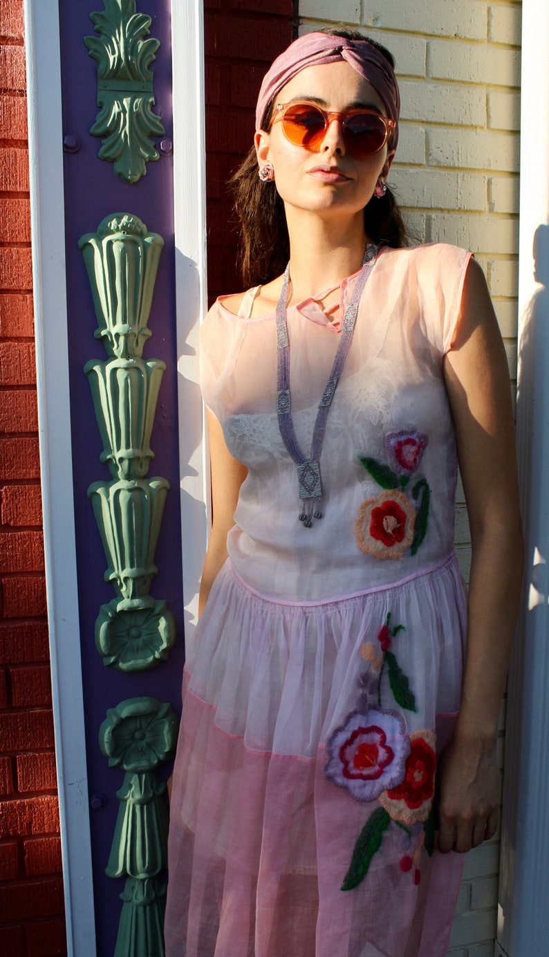 1920s Pink Organza Dream Dress with Floral Embroidery Deco Detailing image 8