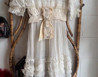 Edwardian White Net Wedding Dress with Crochet Lace + Tiered Ruffles