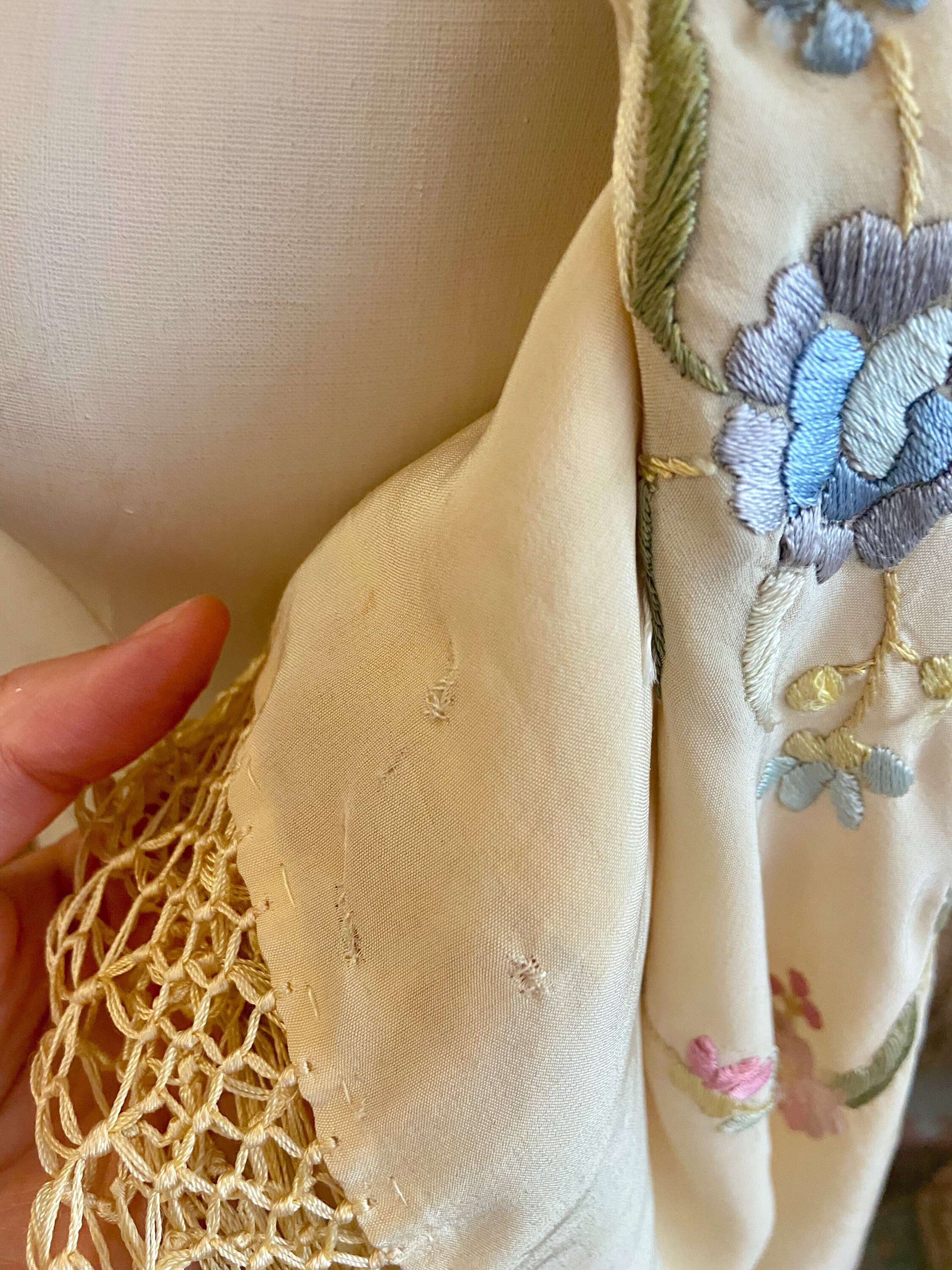 Extraordinary 1920s Embroidered Silk Fringe Piano Shawl