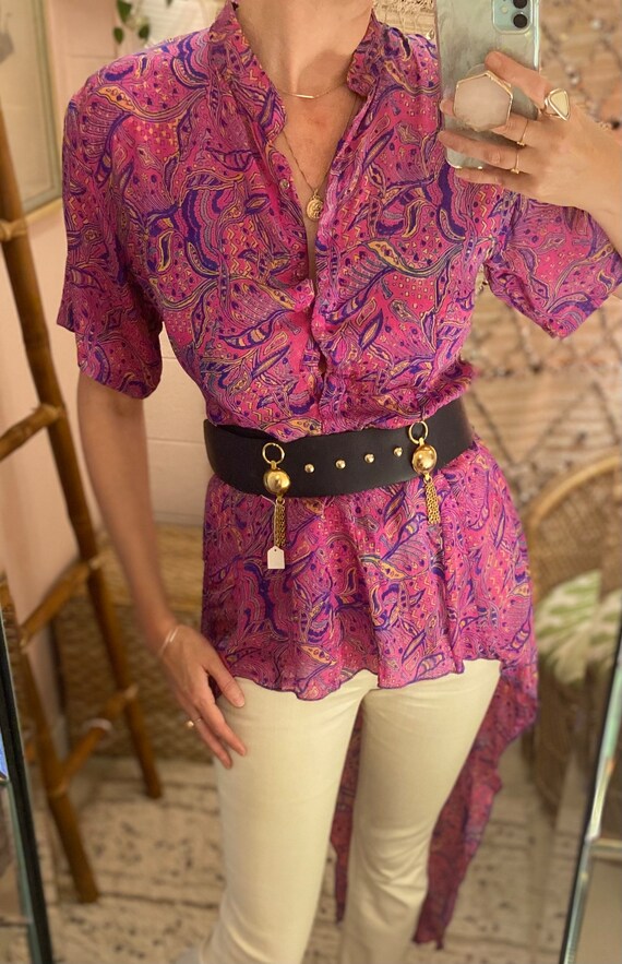 1930s Pink Silk Paisley Print High Low Blouse wit… - image 5