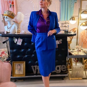 1970s Cobalt Blue Skirt Suit with Gold Deco Buttons image 1