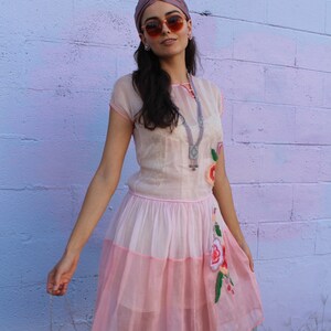 1920s Pink Organza Dream Dress with Floral Embroidery Deco Detailing image 10