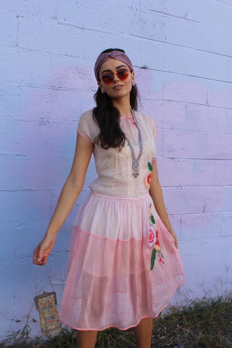 1920s Pink Organza Dream Dress with Floral Embroidery Deco Detailing image 10