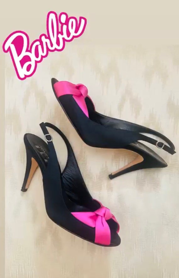 Black Satin Peep-Toe Heels with Hot Pink Satin Bo… - image 4