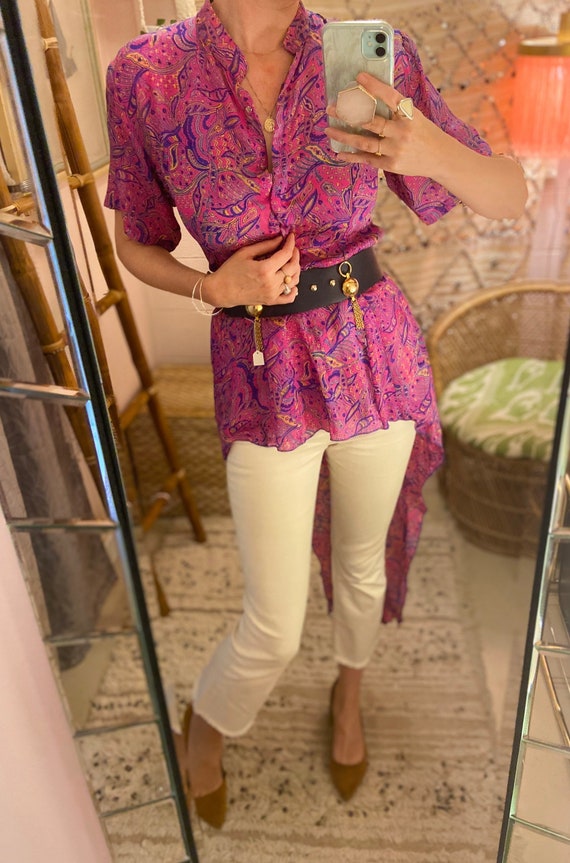 1930s Pink Silk Paisley Print High Low Blouse wit… - image 3