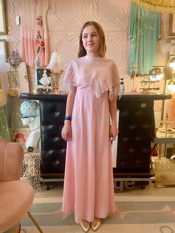 1970s Pale Pink Maxi Dress with Pastel Floral Emb… - image 10