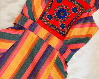 1970s Indian Cotton Rainbow Stripe Dress with Embroidery