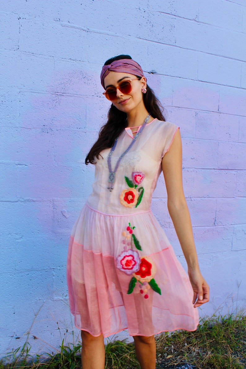 1920s Pink Organza Dream Dress with Floral Embroidery Deco Detailing image 4