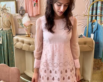 1960s Light Pink Eyelet Mini Dress with Sheer Sleeves