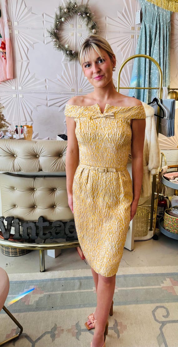 1960s Gold Brocade Off the Shoulder Belted Sheath Dress