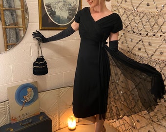 1950s Black Cotton Marvelous Mrs. Maisel Wiggle Dress with Silk Chiffon Detail