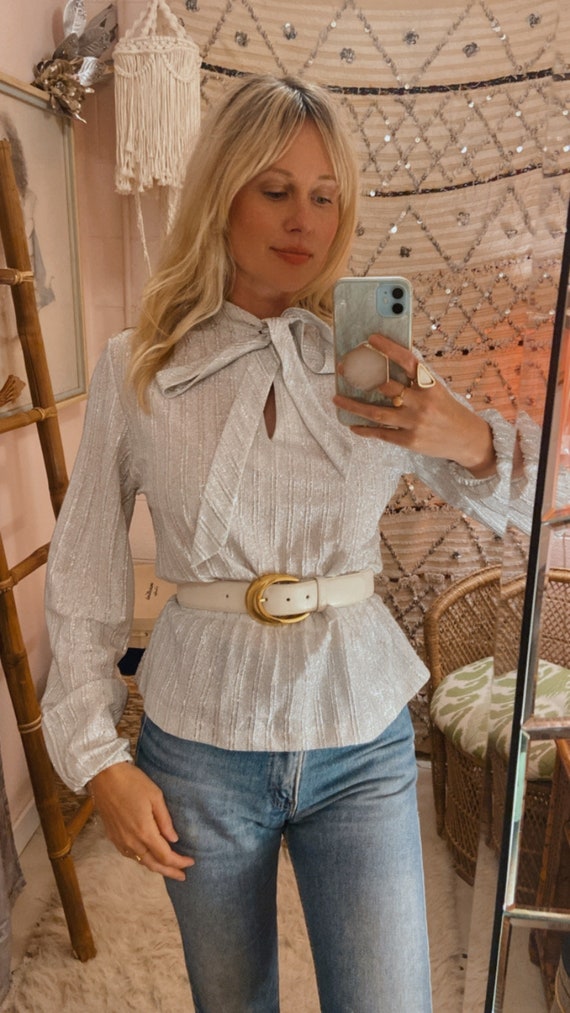 1970s Silver Lurex Pussybow Peplum Blouse