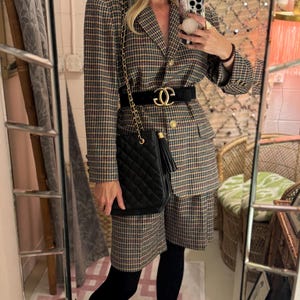 1980s Silk Woven Checked Shorts Suit with Chic Gold Buttons