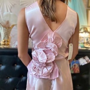 1920s Pink Satin Gown with Art Deco Rhinestone Belt + Flower Detail