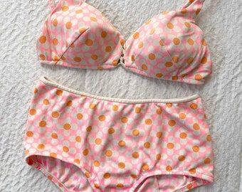 1960s Mod Pink + Orange Daisy Bikini