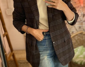 Italian Designer Canali Wool Plaid Blazer with Leather Elbow Patches