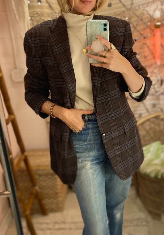 Italian Designer Canali Wool Plaid Blazer with Lea