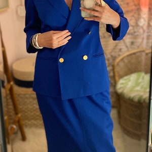 1970s Cobalt Blue Skirt Suit with Gold Deco Buttons image 3