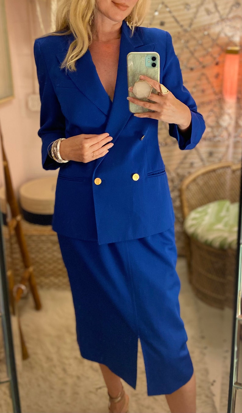 1970s Cobalt Blue Skirt Suit with Gold Deco Buttons image 3