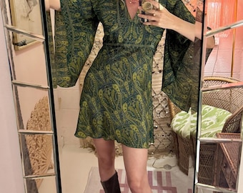 1970s Silk Green Paisley Dress with Angel Sleeves