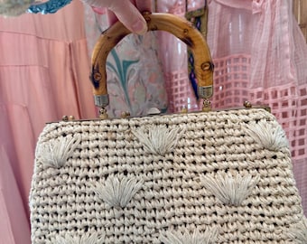 1960er Jahre Handtasche aus Naturstroh mit Bambusgriff