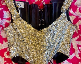 One of a Kind Handmade Black Bustier with Gold + Silver Beaded Sequins with Lace-Up Corset Back