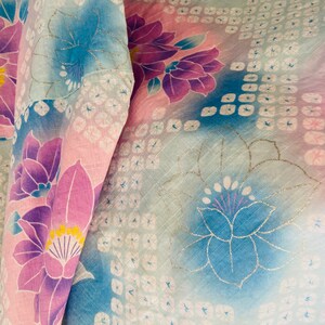 Japanese Cotton Pastel Blue Lavender Kimono with Silver Metallic Detail image 4