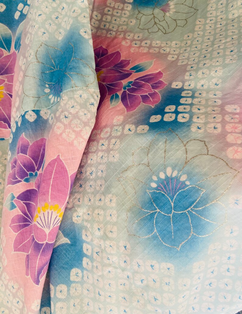 Japanese Cotton Pastel Blue Lavender Kimono with Silver Metallic Detail image 4