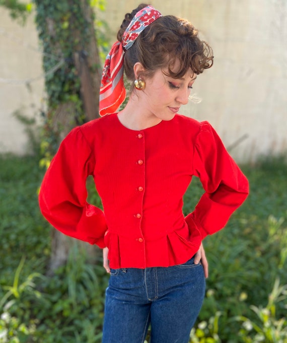 1970’s Cherry Red Cord Top / Jacket with Statement