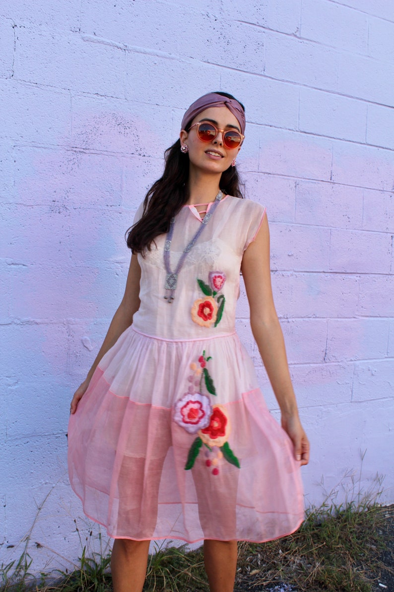 1920s Pink Organza Dream Dress with Floral Embroidery Deco Detailing image 2