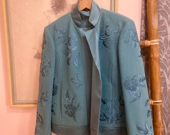 Blue Wool Open Jacket with Silk Floral Embroidery