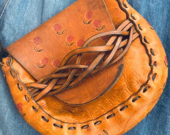1960s Brown Tooled Leather Purse with Hand-Painted Roses + Braided Detail