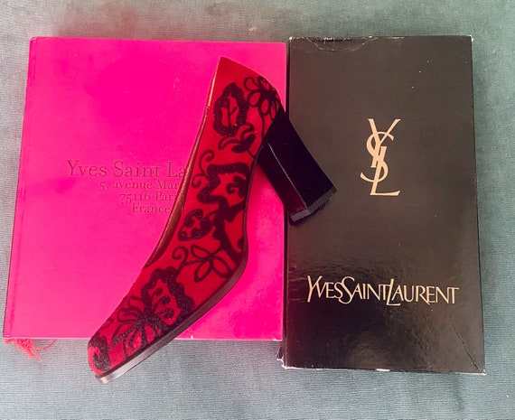 Yves Saint Laurent Red Heels with Black Floral Em… - image 5