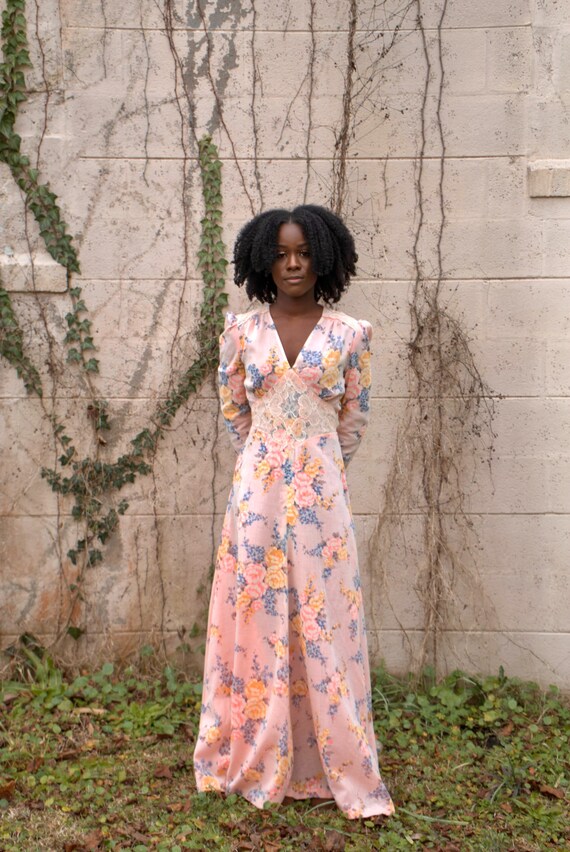 1970s Gunne Sax Style Cotton Boho Floral Maxi Dres